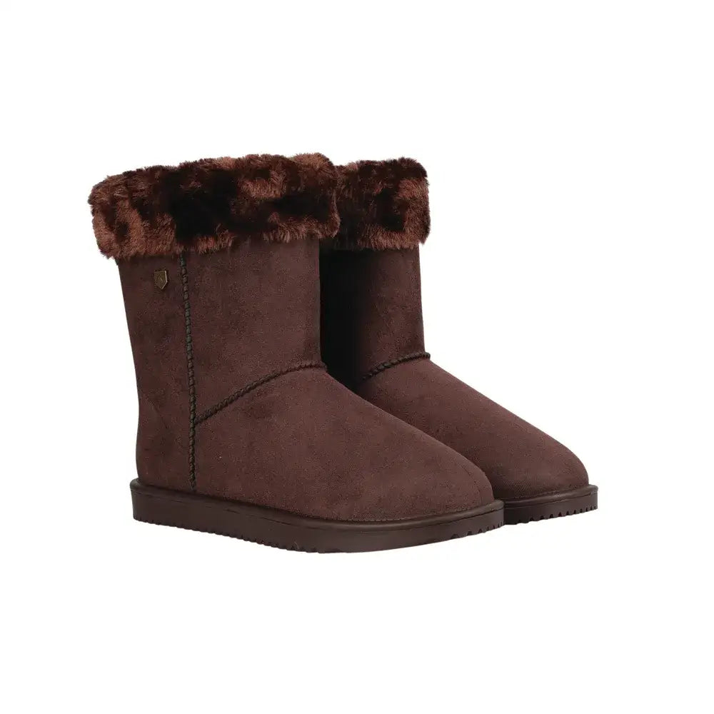 Brown suede hy equestrian chisworth waterproof fleece boot with dark brown faux fur trim for cold weather use