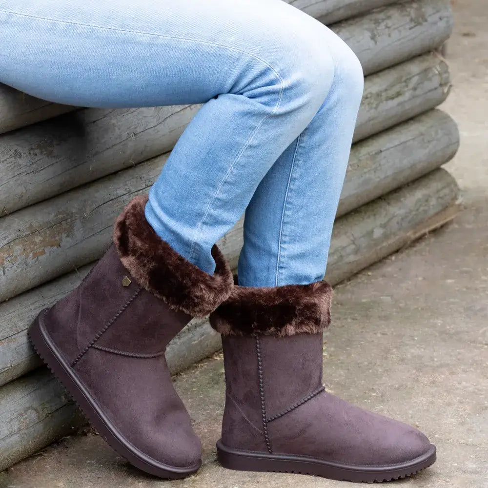 Brown suede-like hy equestrian chisworth waterproof fleece boot with plush brown faux fur trim for winter use