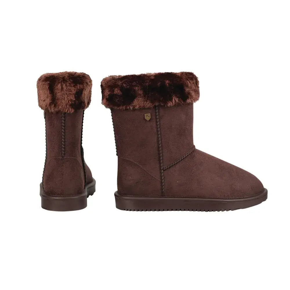 Brown suede-like equestrian chisworth waterproof fleece boot with plush dark brown faux fur lining the top