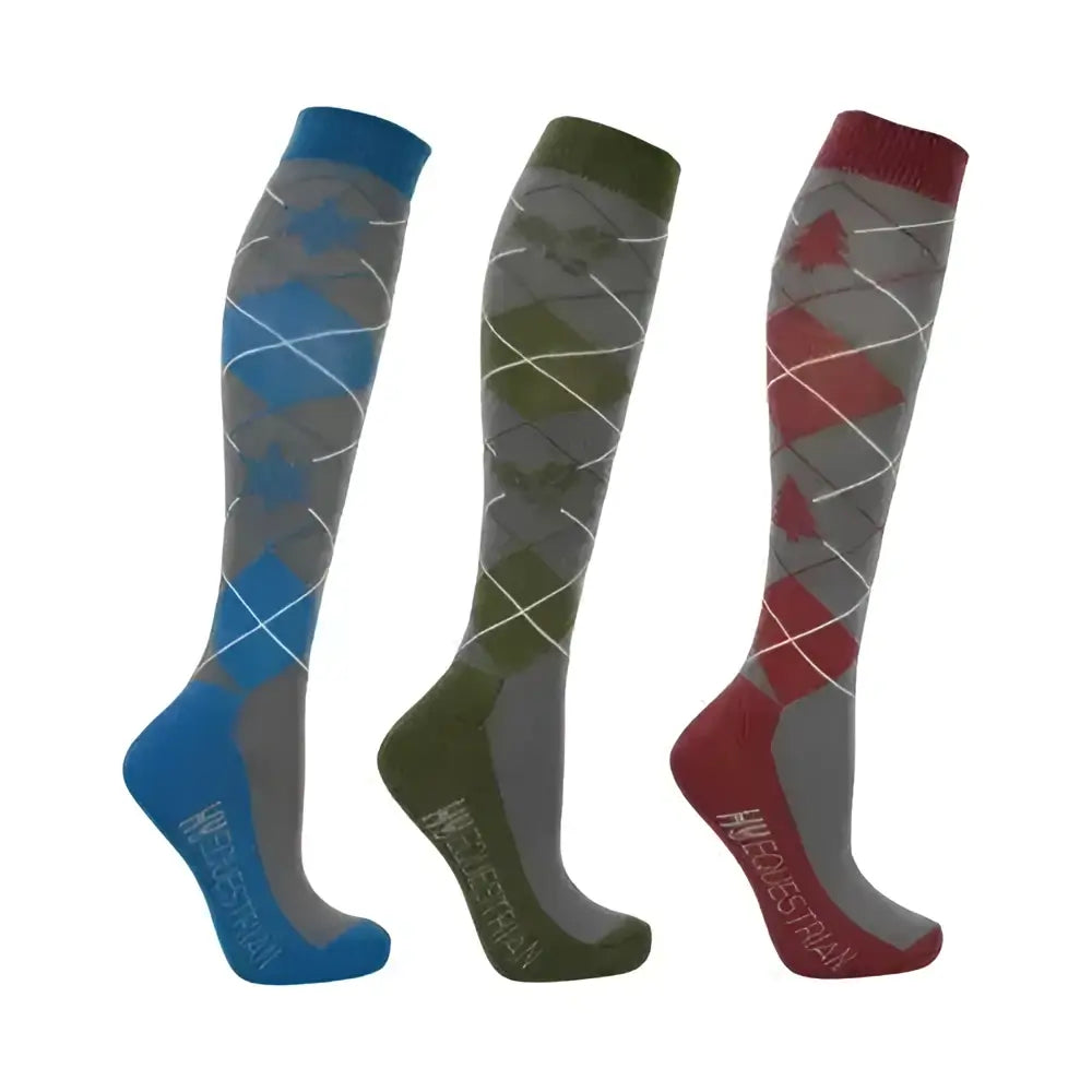 Hy equestrian christmas argyle socks pack of 3 in blue olive green and red with gray bases perfect christmas argyle riding socks