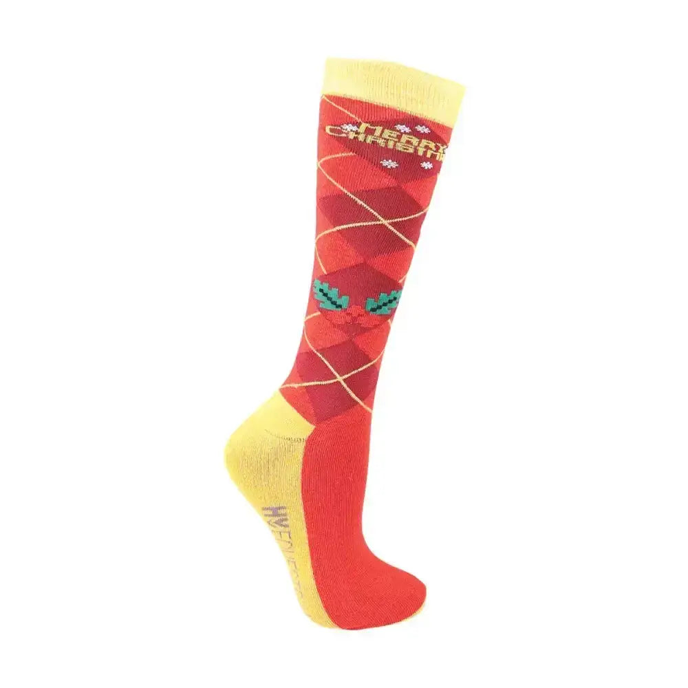 Red and yellow festive themed equestrian christmas cross stitch socks with argyle pattern and holly leaves design