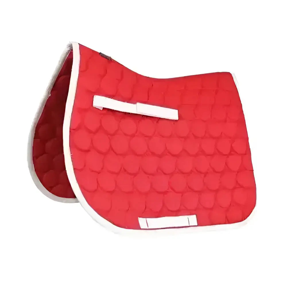 Red quilted hy equestrian christmas saddle pad with white trim and heart-shaped stitching perfect for festive rides