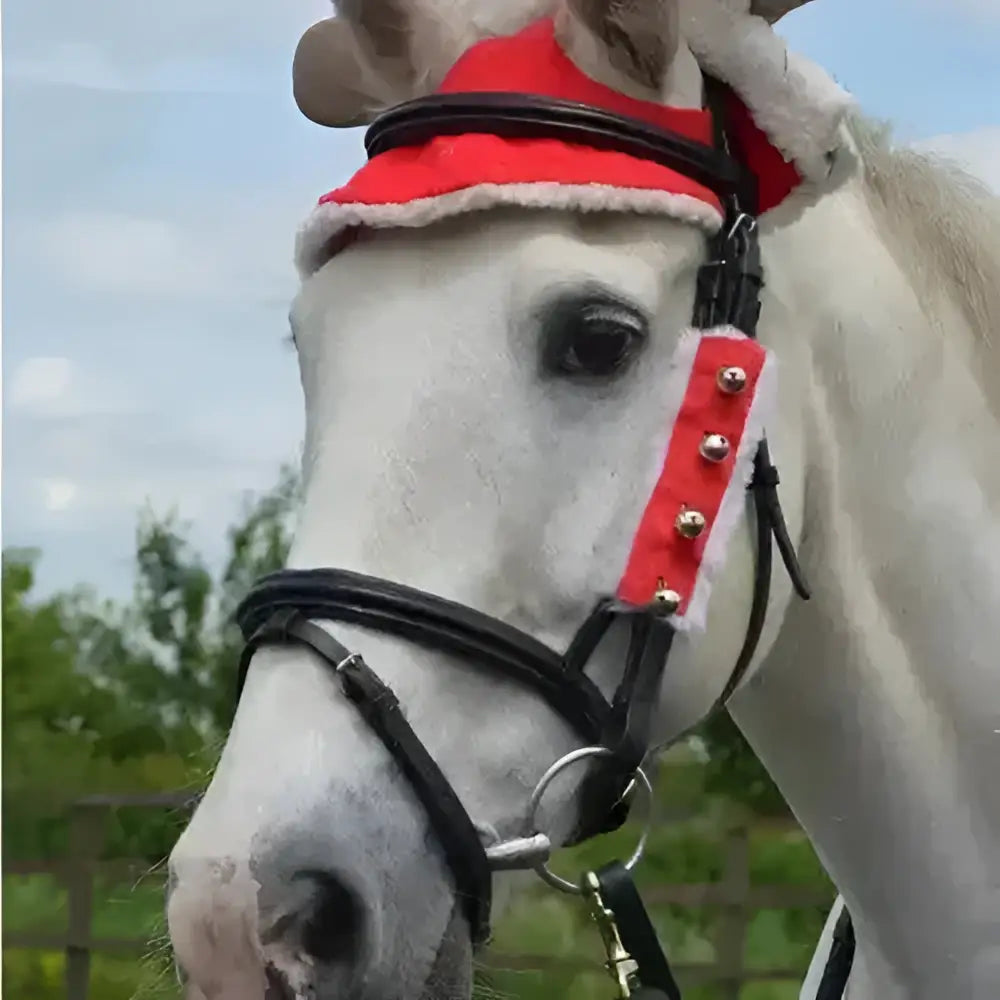 Red and white fleece-lined festive bridle set with silver studs from hy equestrian christmas santa bridle set