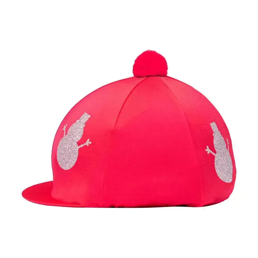 Bright red hy equestrian christmas snowman silk hat with silver glitter snowman appliqués and pom pom top