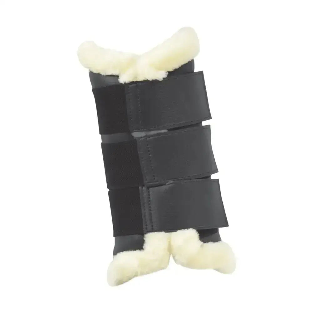 Black leather brushing boots with cream sheepskin lining top and bottom for beautifully fitted brushing by hy equestrian