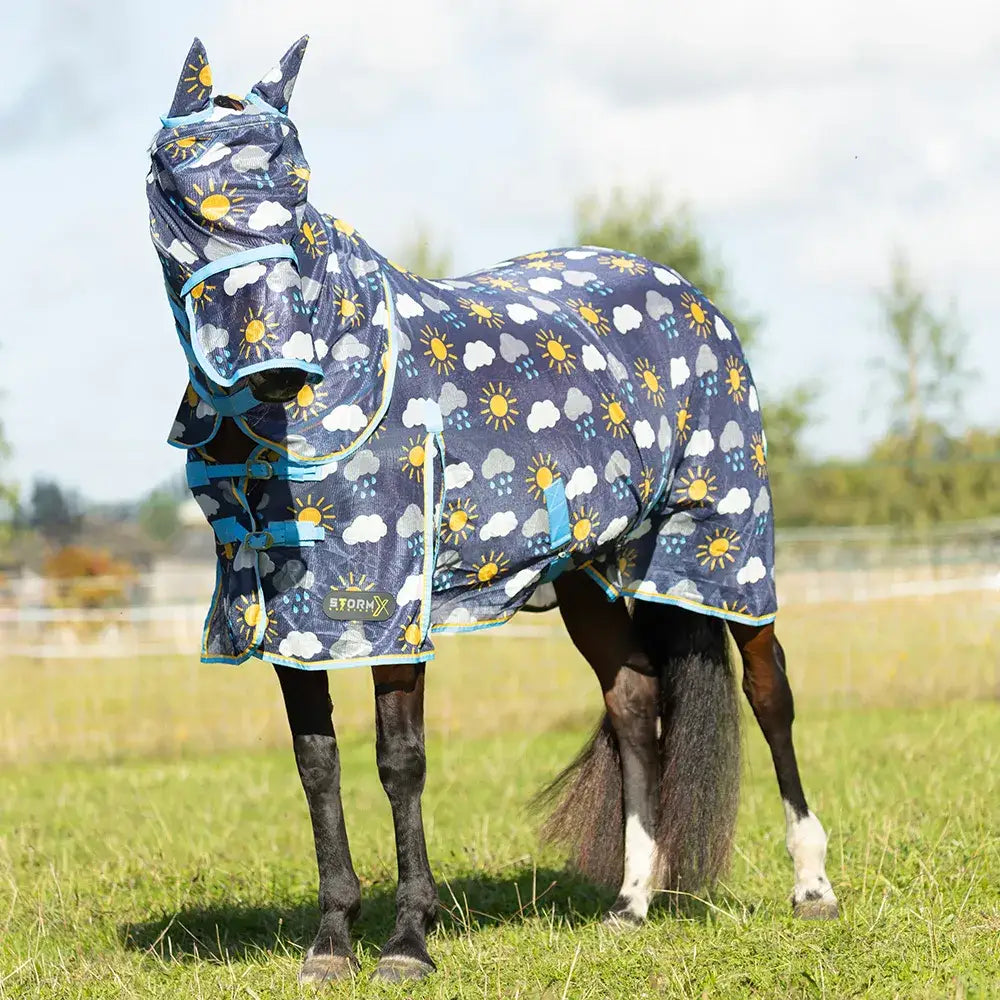 Navy blue hy equestrian shine fly mask with cheerful sun and cloud pattern light blue trim and adjustable straps
