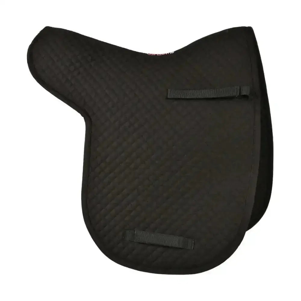 Black quilted competition dressage numnah with two black strap tabs from hywither range by hy equestrian