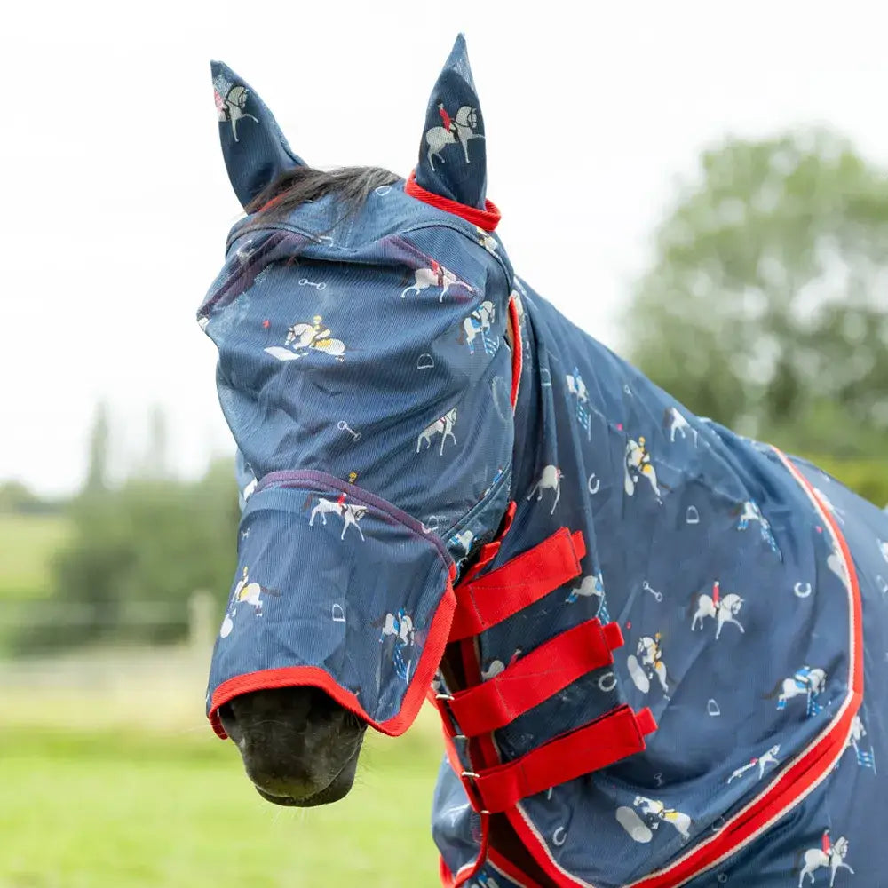 Navy blue hy equestrian competition ready fly mask with ears fleece edging red trim and detachable nose cover
