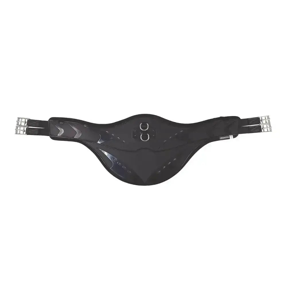 Black horse saddle pad with silver metallic buckles and gray accents paired with hy equestrian contoured stud girth long