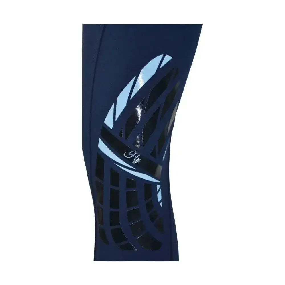 Navy blue hy equestrian corby cool ladies breeches with light blue geometric pattern and silicone knee patches