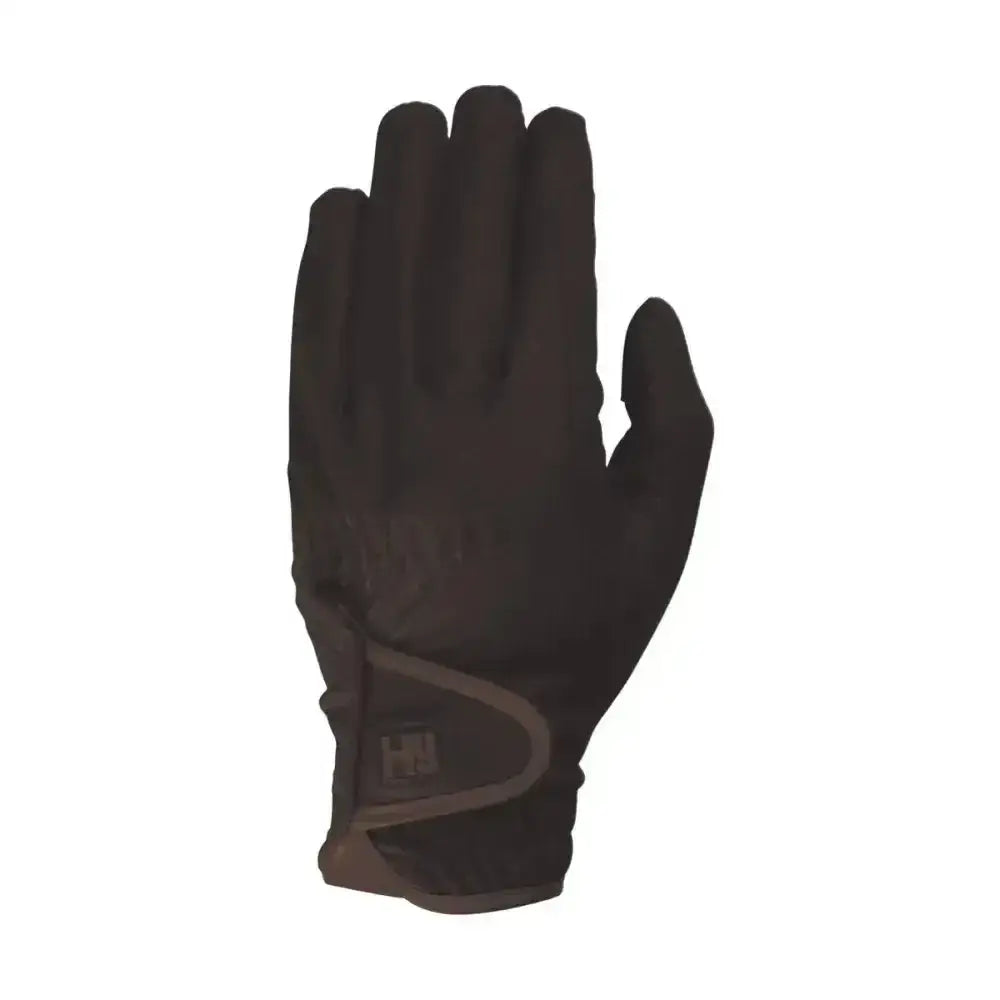 Black hy equestrian cottenham elite riding glove with sleek design and gray accent stitching near the wrist showing back side