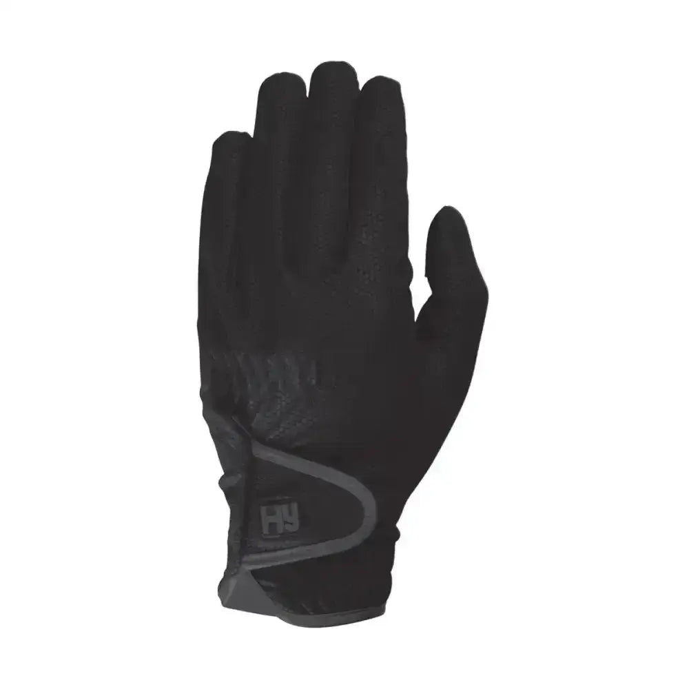 Back of black equestrian cottenham elite riding gloves with gray accent stitching and wrist logo shown
