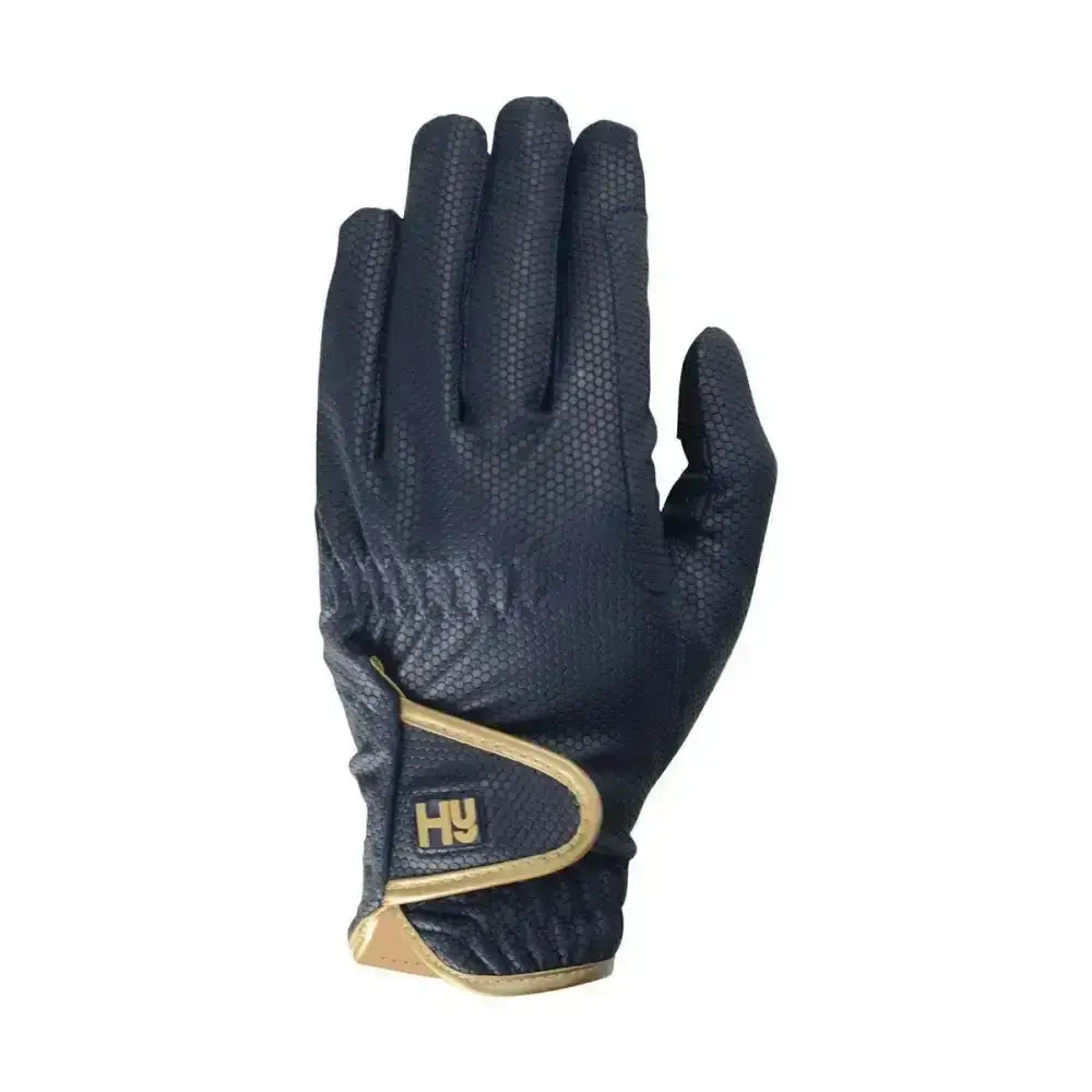 Black equestrian cottenham elite riding glove with breathable mesh and gold trim featuring hy logo on wristband back side