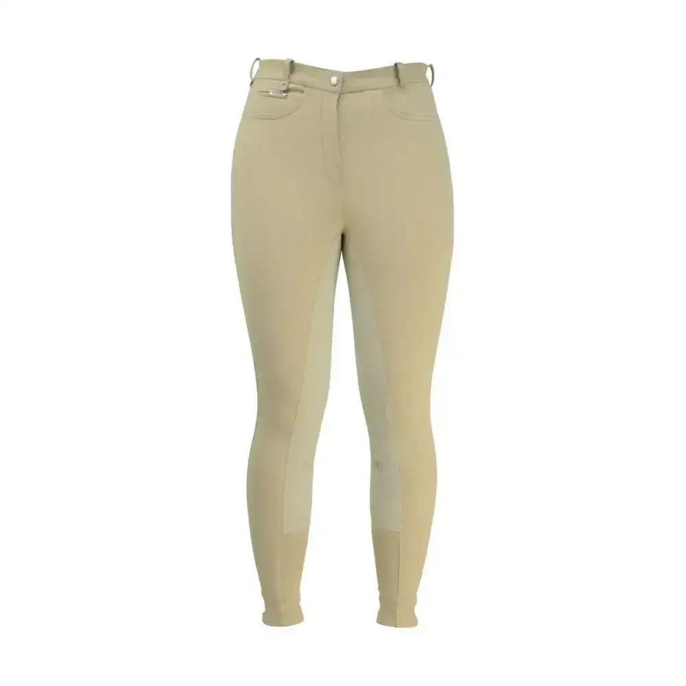 Beige hy equestrian cranwell ladies breeches with fitted design subtle stitching and reinforced alos knee details
