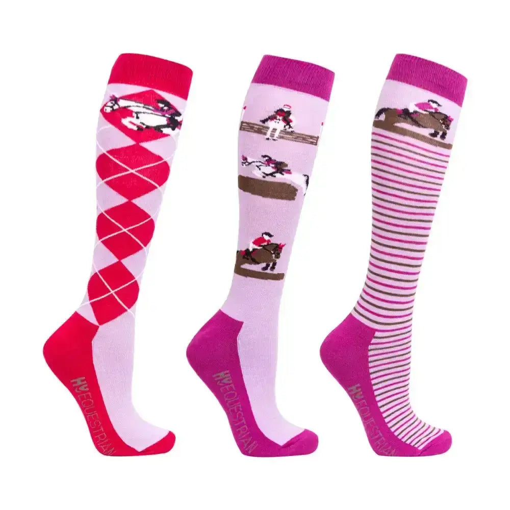 Three pairs of pink and white hy equestrian cross country funky socks with diamond horse jumping and striped patterns