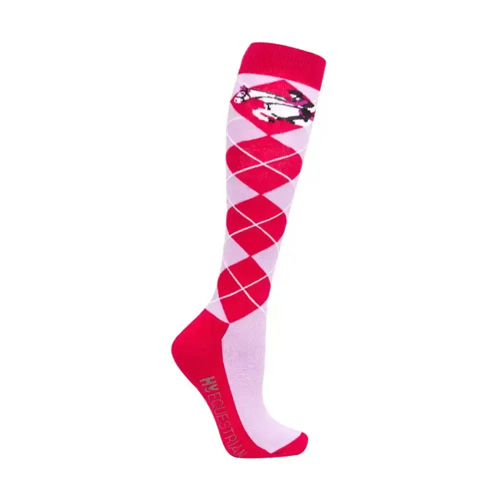 Hy equestrian cross country funky socks in vibrant pink white argyle with red diamonds and lips graphic at top