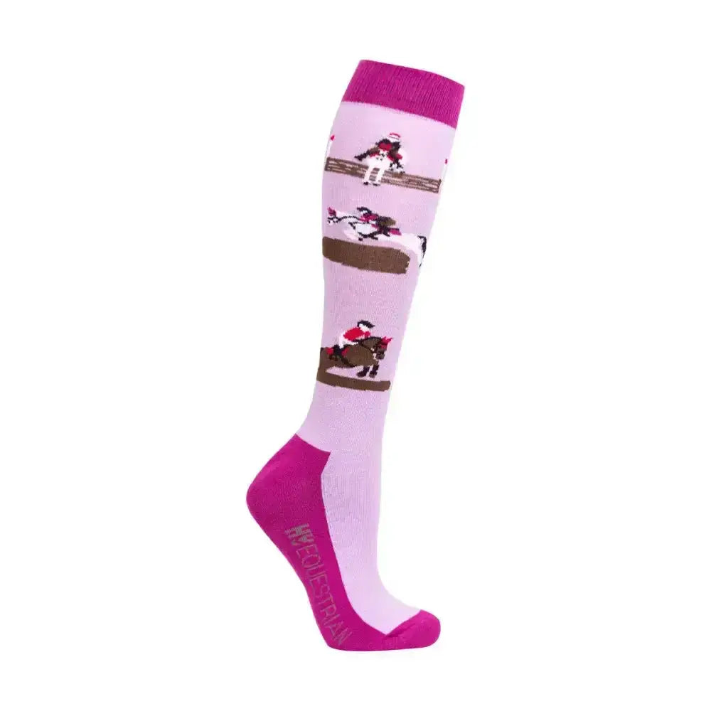 Pink and magenta funky equestrian cross country knee-high socks with embroidered rider and horse designs on light pink