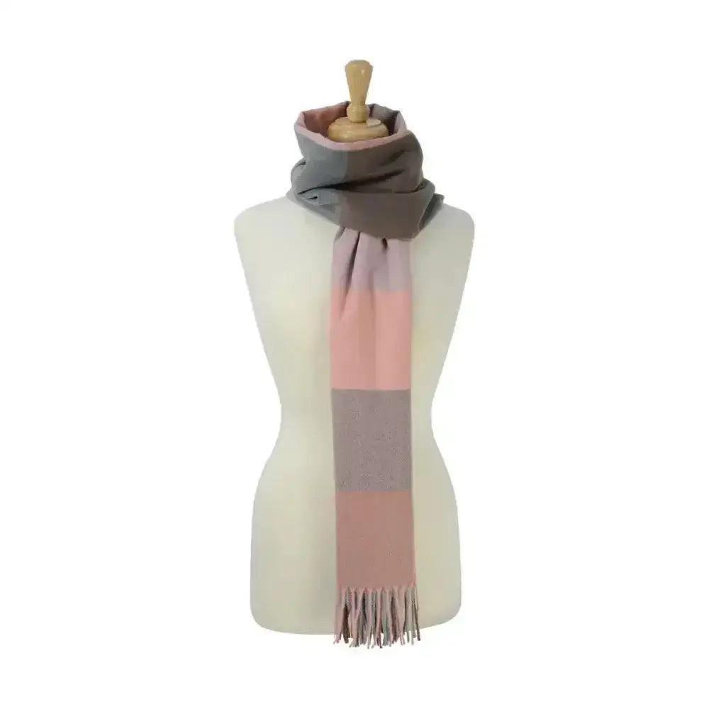 Hy equestrian cumbria soft delicate large square scarf in pastel pink and gray check with a luxurious soft fringed edge