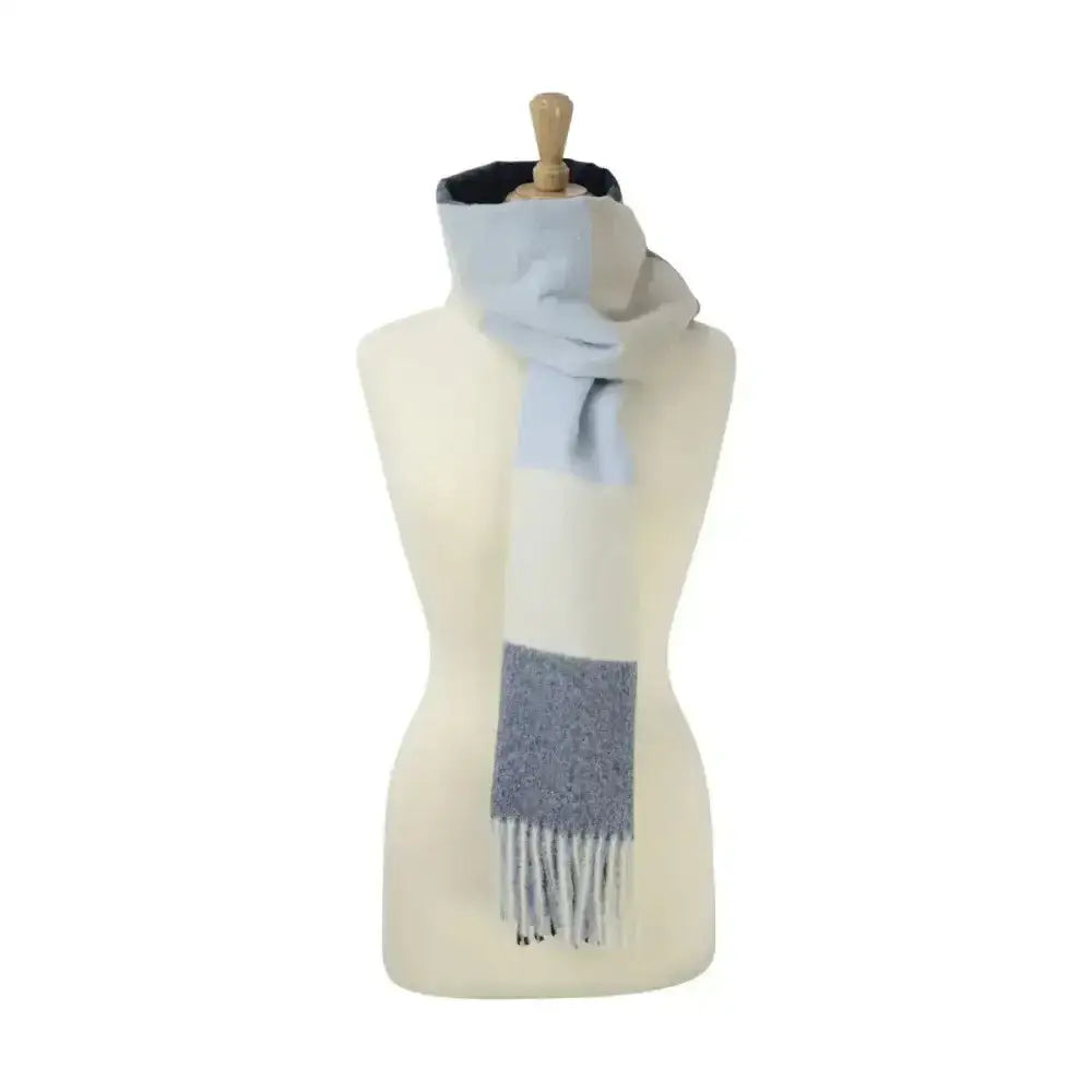 Hy Equestrian Cumbria soft touch scarf in pale blue cream with a textured gray panel and delicate large square fringe
