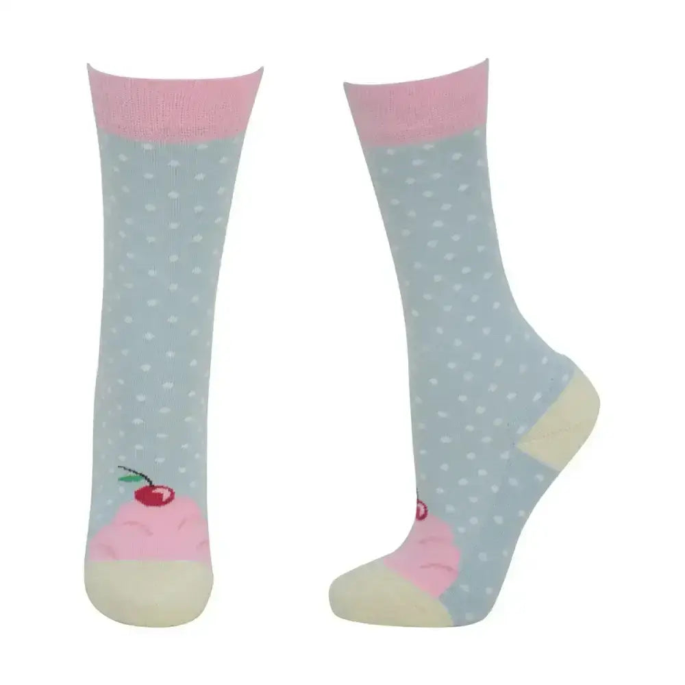 Pastel blue equestrian cupcake socks with white polka dots and tint pink icing cherry design feel super sweet