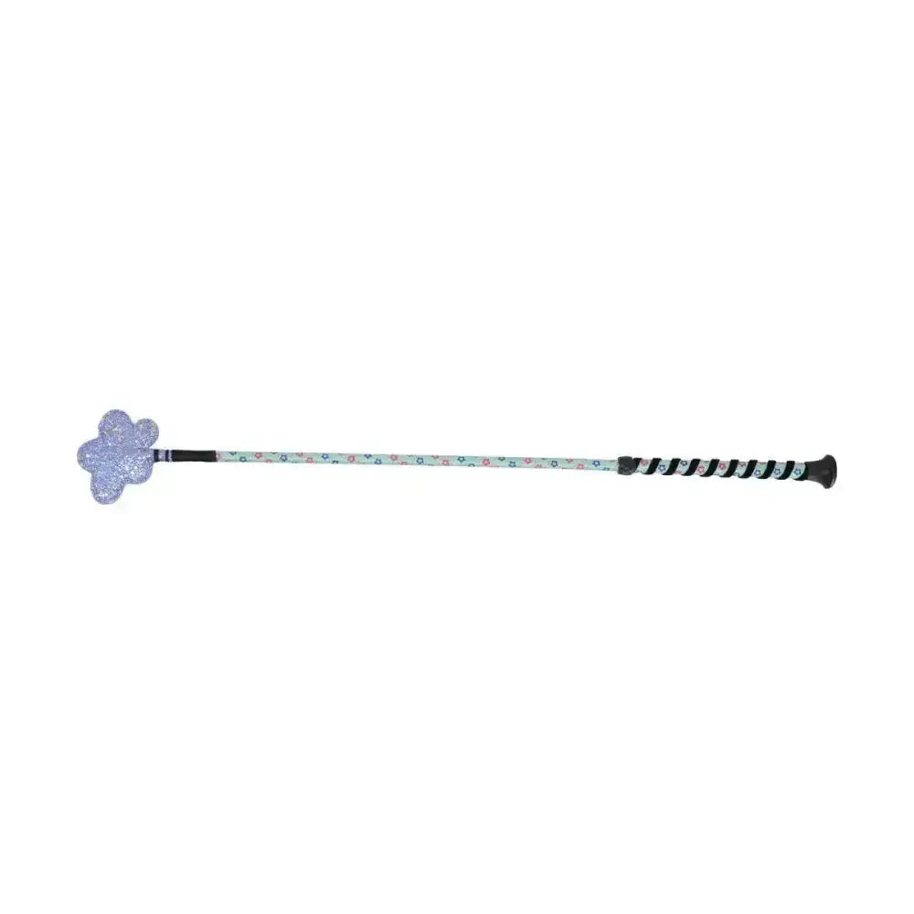 Hy equestrian daisy maid fun whip with glittery lavender flower handle, light green patterned shaft, and black spiral grip