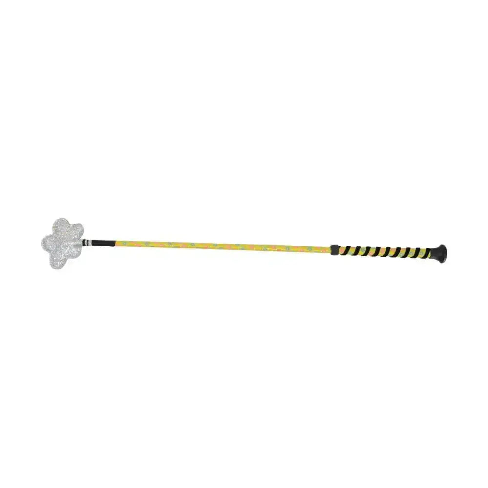 Hy equestrian daisy maid whip with a glittery silver four-leaf clover head and yellow black striped handle fun whip