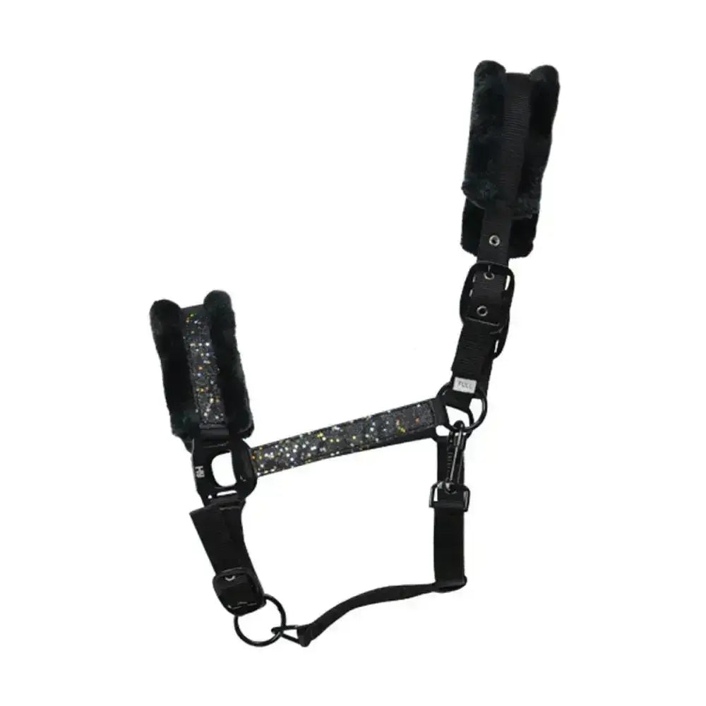 Black glitter equestrian dazzle head horse halter with plush fuzzy ear covers and intricate star detailing