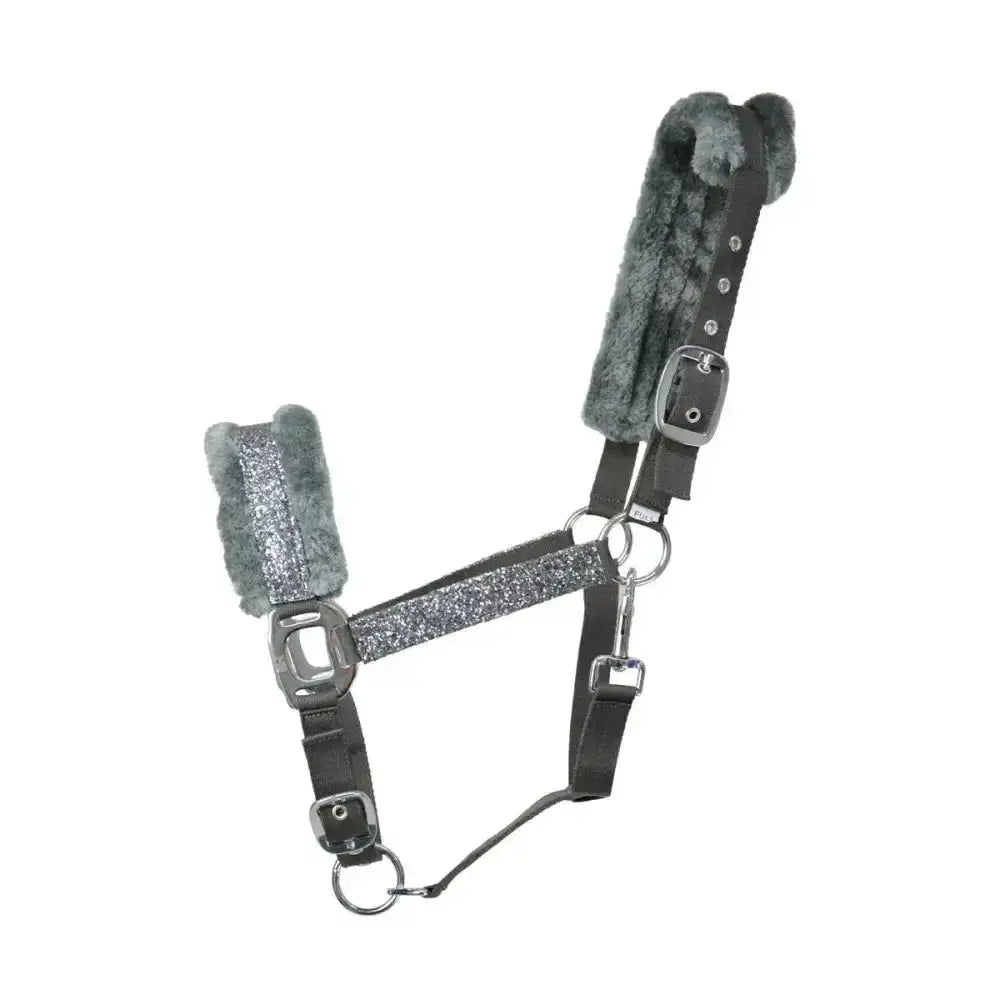 Gray glittery Hy Equestrian dazzle head collar with plush fur padding and silver metal hardware featuring star detailing