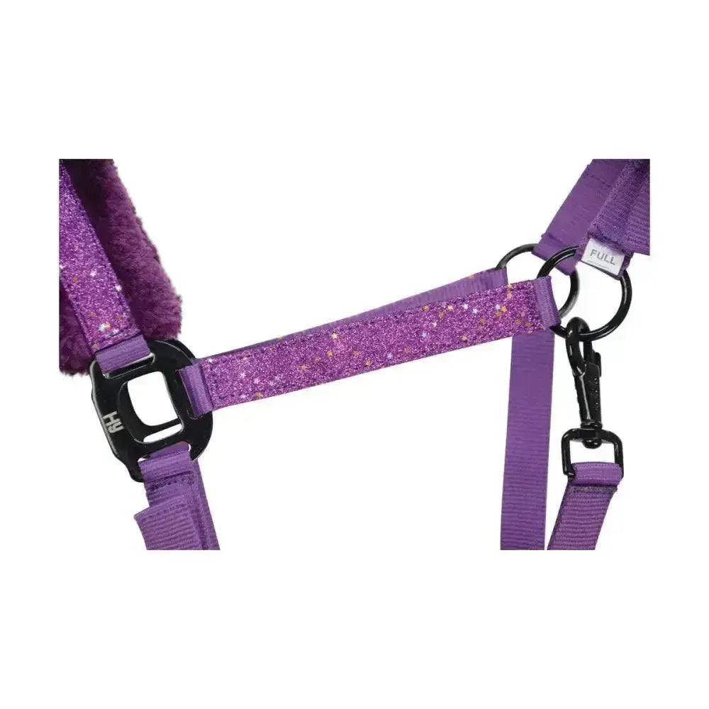 Purple glitter equestrian dazzle head collar with black metal hardware and soft fleece lining featuring intricate star detailing