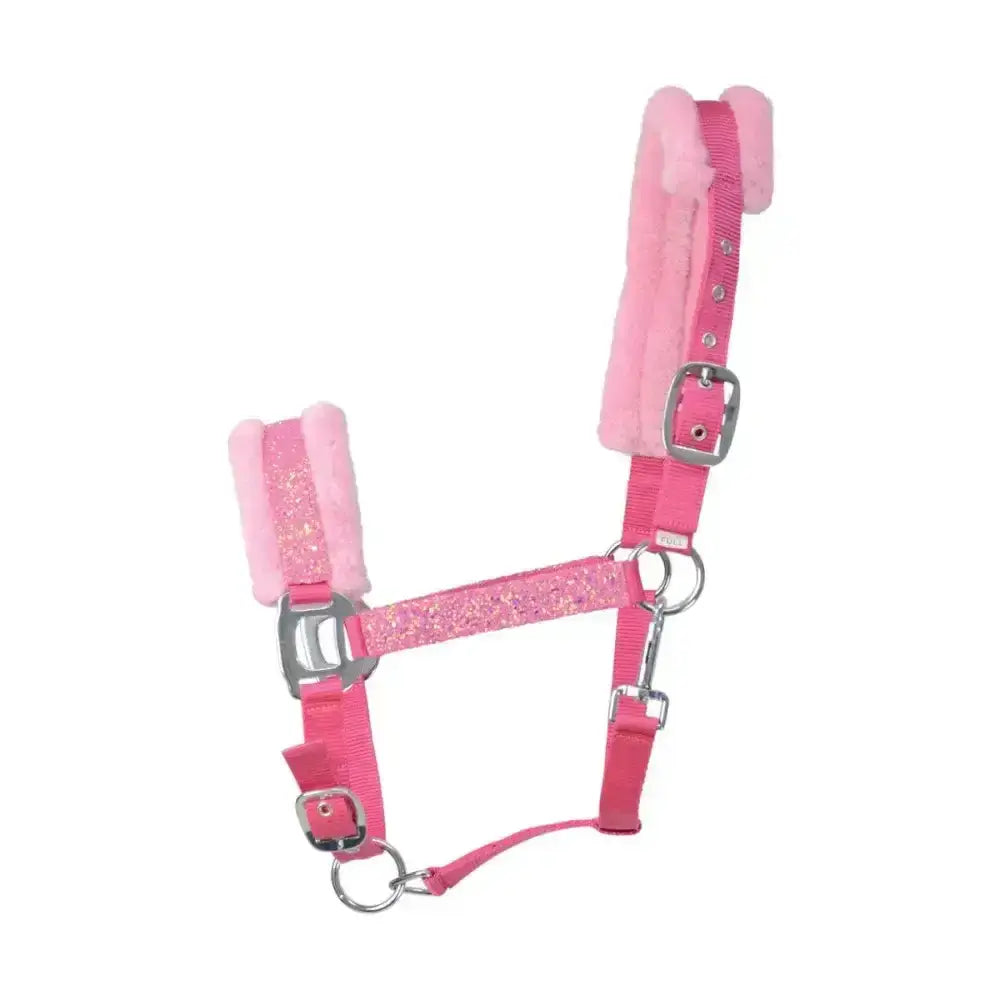 Pink glittery hy equestrian dazzle head collar with plush pink fleece and silver metal hardware featuring intricate star detailing
