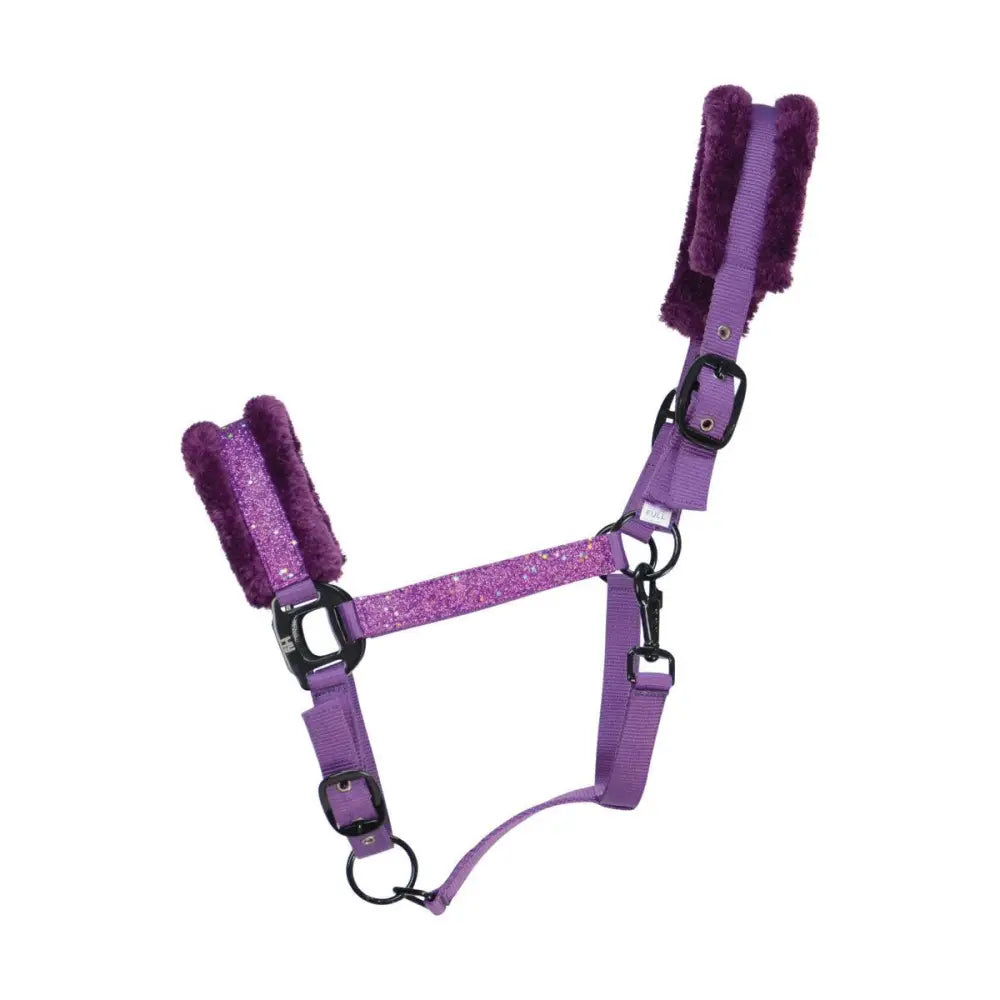Purple glitter dazzle head collar by hy equestrian with plush fuzzy padding and intricate star detailing on headpiece