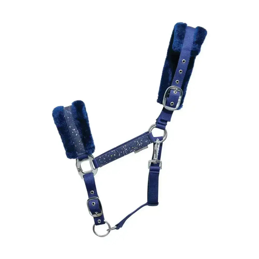 Deep blue hy equestrian dazzle head collar with plush fuzzy lining and speckled straps featuring intricate star detailing