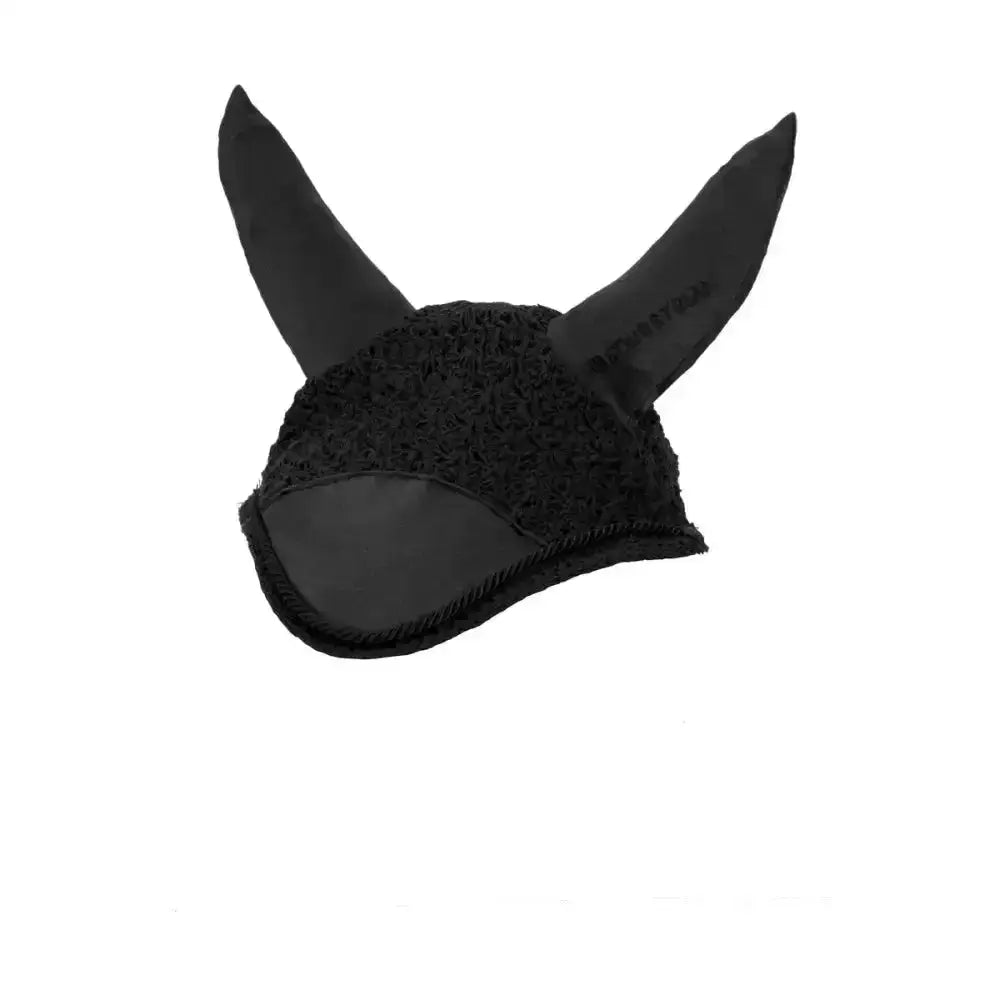 Black hy equestrian deluxe fly veil with plush fabric and smooth polyester breathable ears for riding comfort