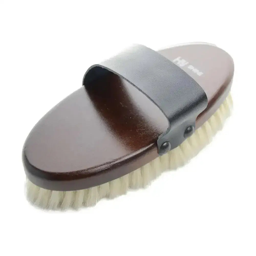 Brown wooden body brush with deluxe goat hair bristles and black leather strap from hy equestrian deluxe goat line