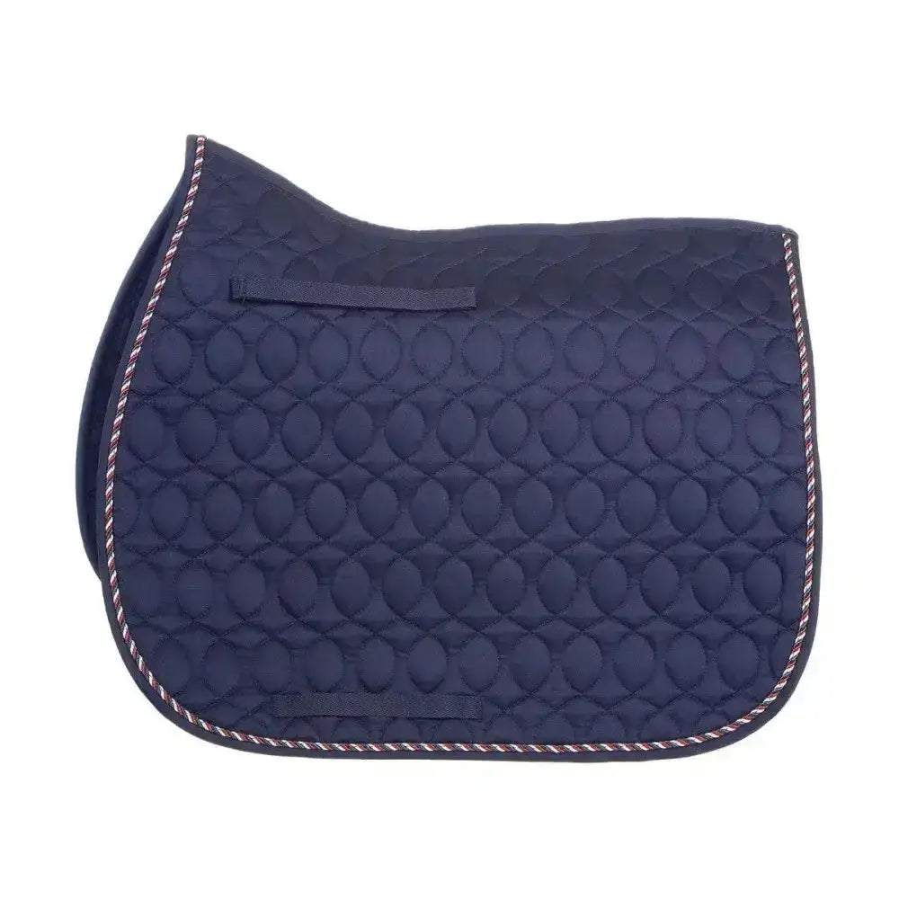 Navy blue hy equestrian deluxe saddle pad with diamond style stitching and contrasting white cord binding edges