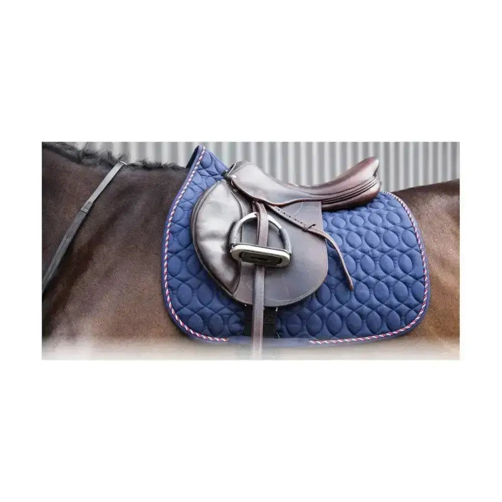 Blue quilted hy equestrian deluxe saddle pad with purple diamond style stitching and silver stirrup detail