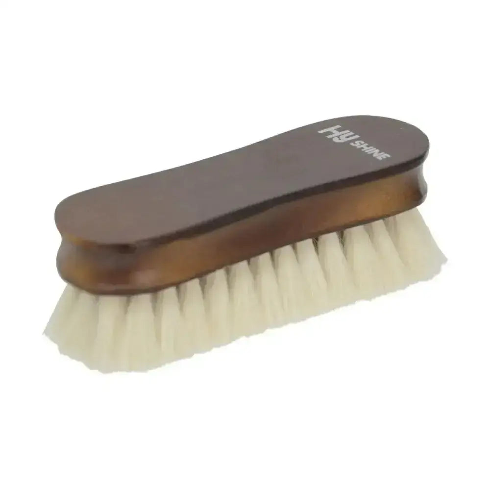 Brown wooden-handled hy equestrian deluxe wooden face brush with dense cream goats hair bristles