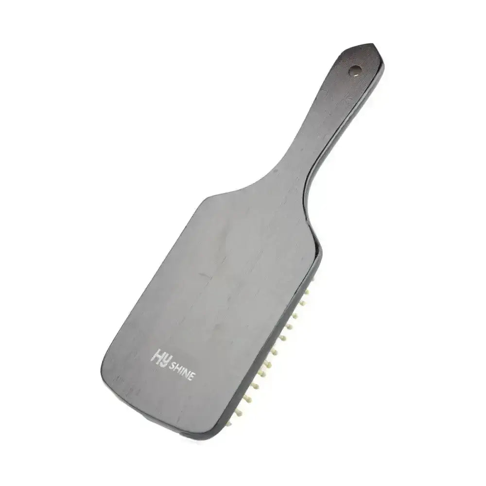Black plastic equestrian deluxe wooden paddle brush with white bristles and hu shine on handle for mane & tail care
