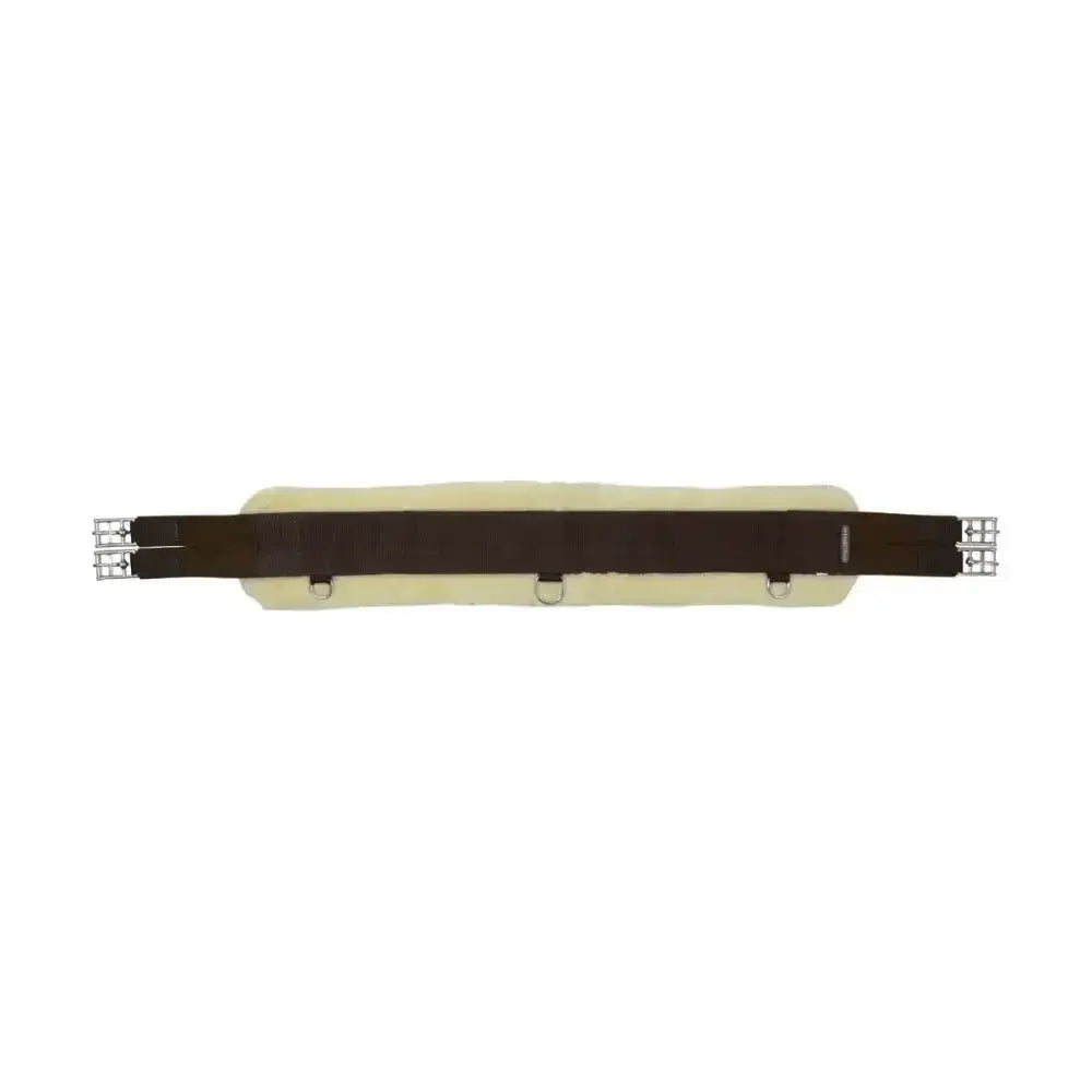 Brown leather saddle pad with cream fleece lining and silver buckles for equestrian detachable faux fur elasticated girth