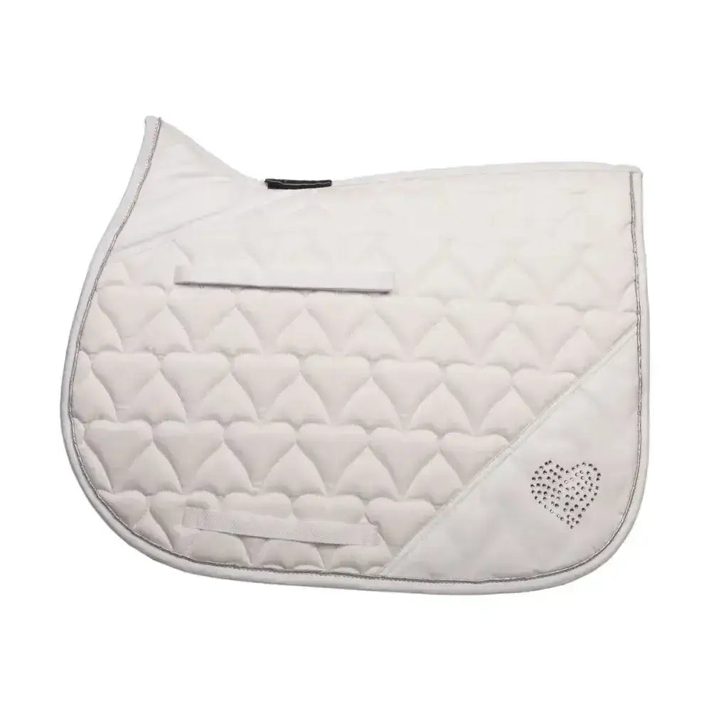 White quilted hy equestrian purpose saddle cloth with silver stitching and heart-shaped equestrian diamante trim