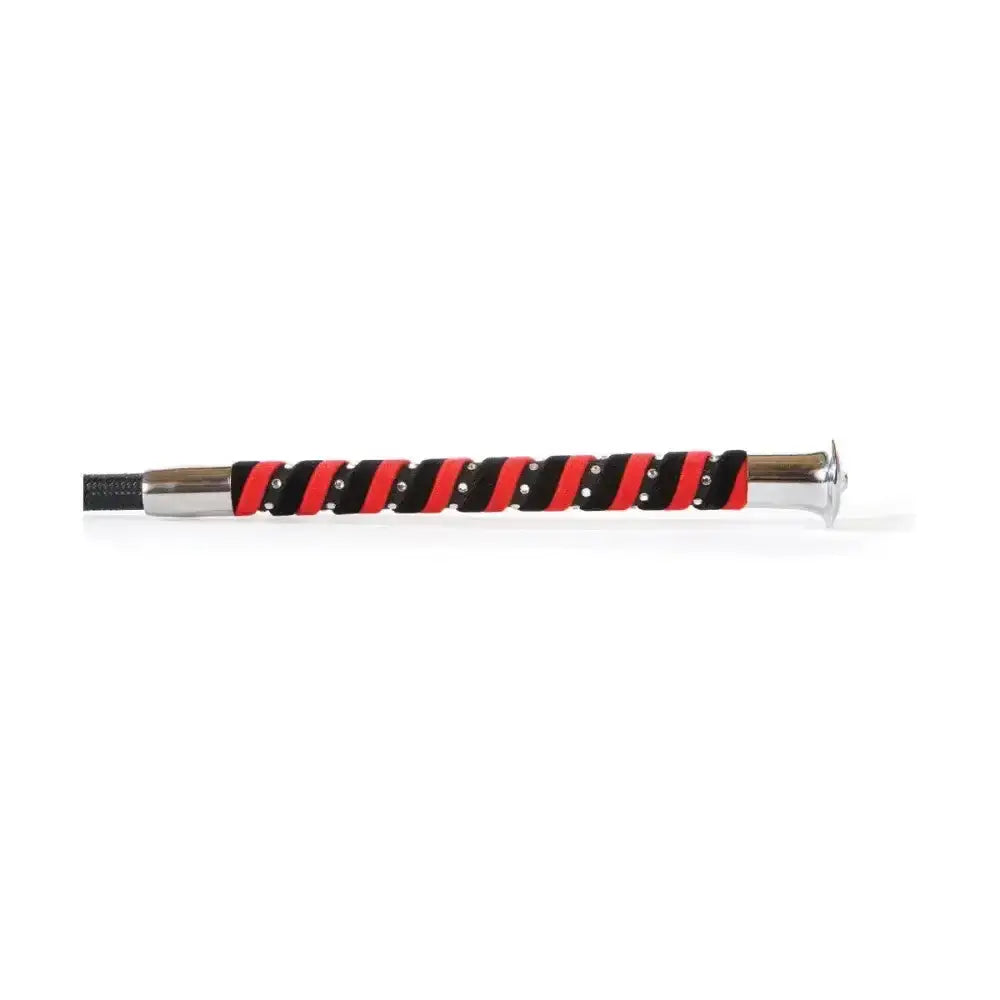 Hy Equestrian diamante riding whip with red and black stripes and a silver metallic diamante encrusted handle