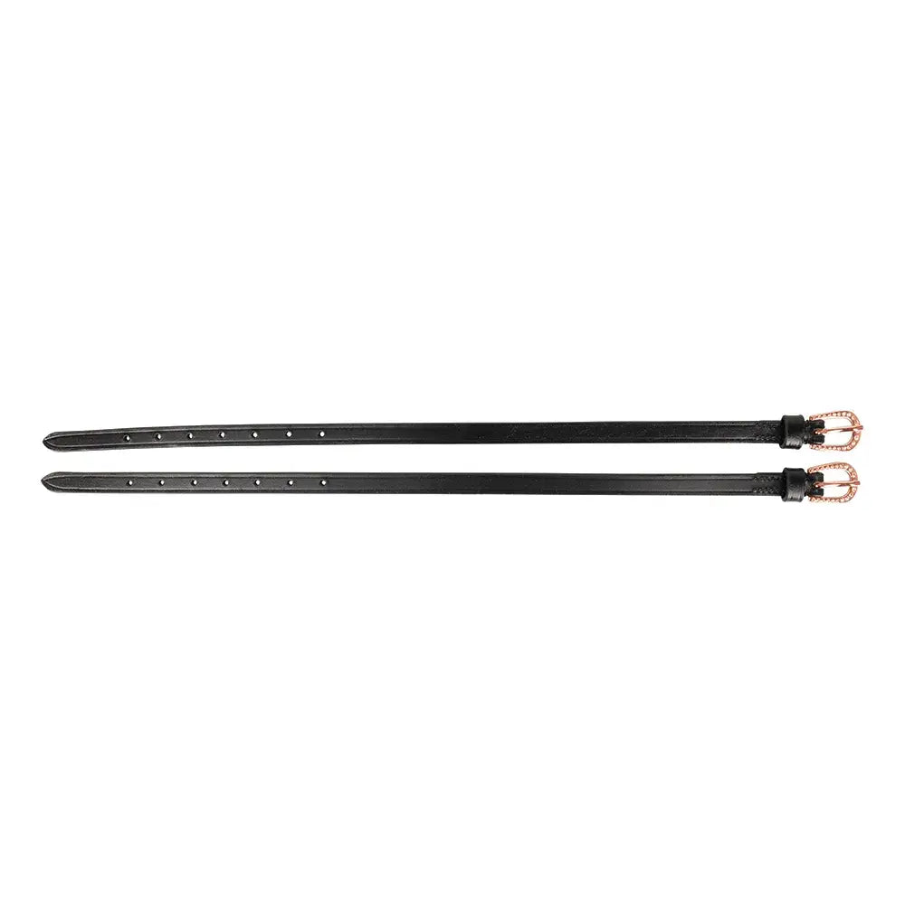 Black leather diamante spur straps with rose gold buckles perfect for stylish equestrian use