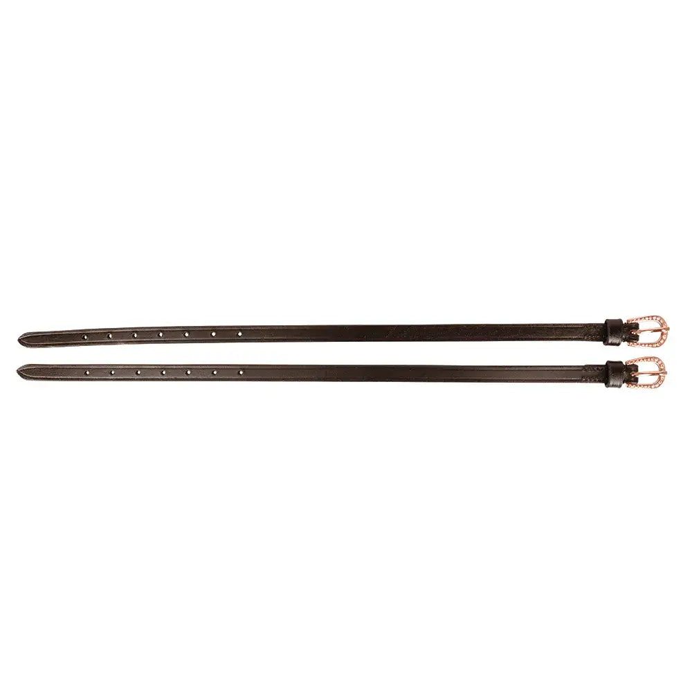 Two dark brown leather equestrian diamante spur straps with rose gold-toned beaded buckles for stylish riding gear