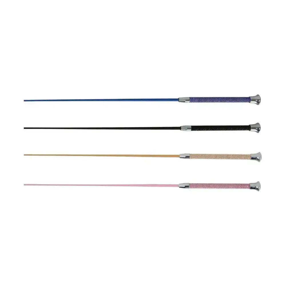 Four elegant hy equestrian diamante stoned schooling whips in purple black gold and pink with sleek metallic shafts