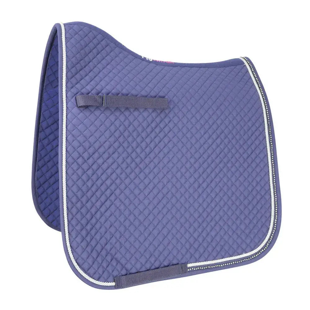 Purple quilted equestrian diamond touch dressage pad with white piping and gray straps for dressage use
