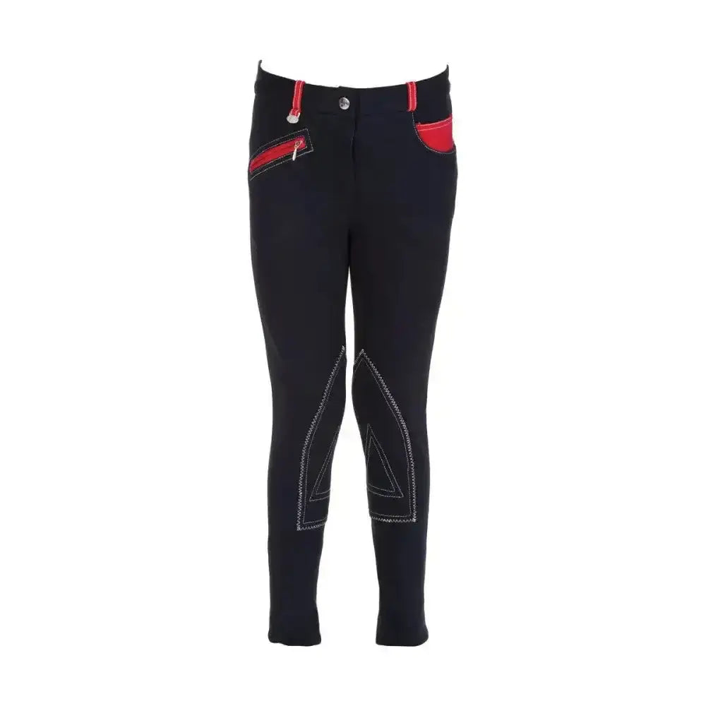 Black equestrian diesel children’s jodhpurs with red waistband accents and stylish stitching details for kids