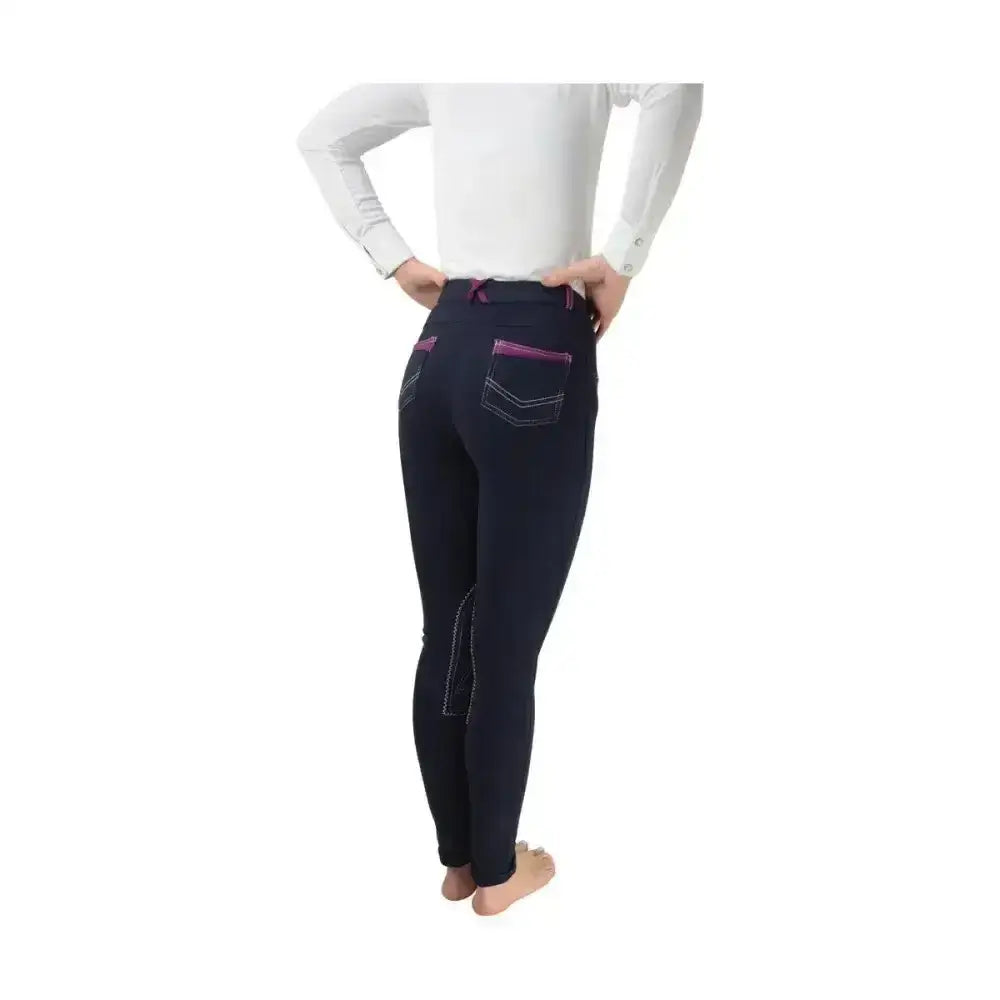 Dark navy equestrian diesel ladies jodhpurs with purple-trimmed pockets and white stitching, a fashionable jodhpur option