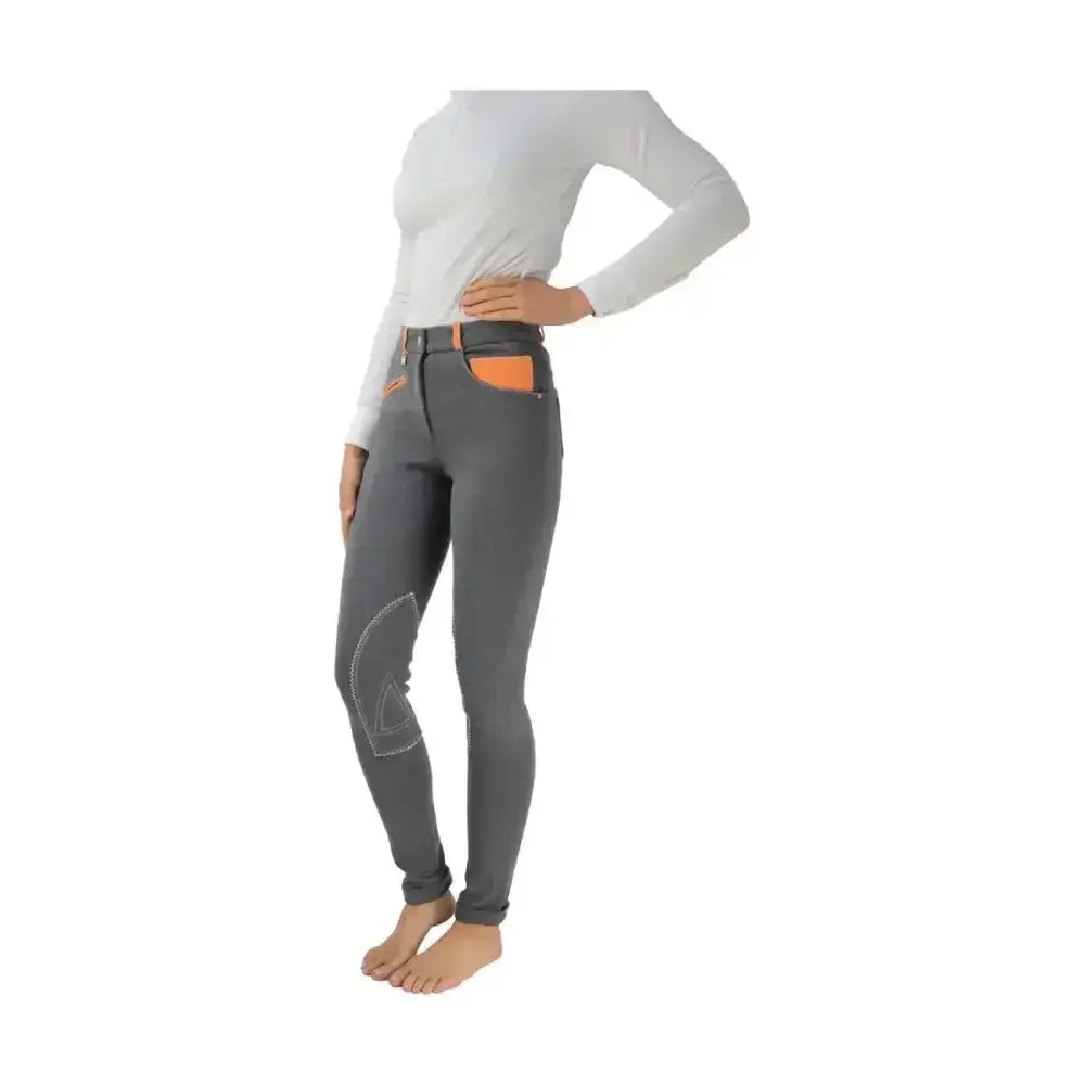 Gray Hy Equestrian Diesel ladies jodhpurs with orange accents and reinforced knee patches a fashionable jodhpur option