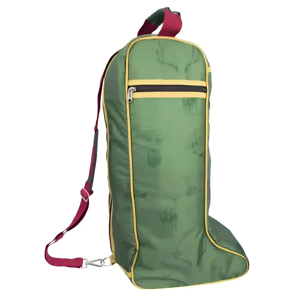 Green hy equestrian divine deer boot bag with yellow trim and maroon straps perfect for riding boot bags