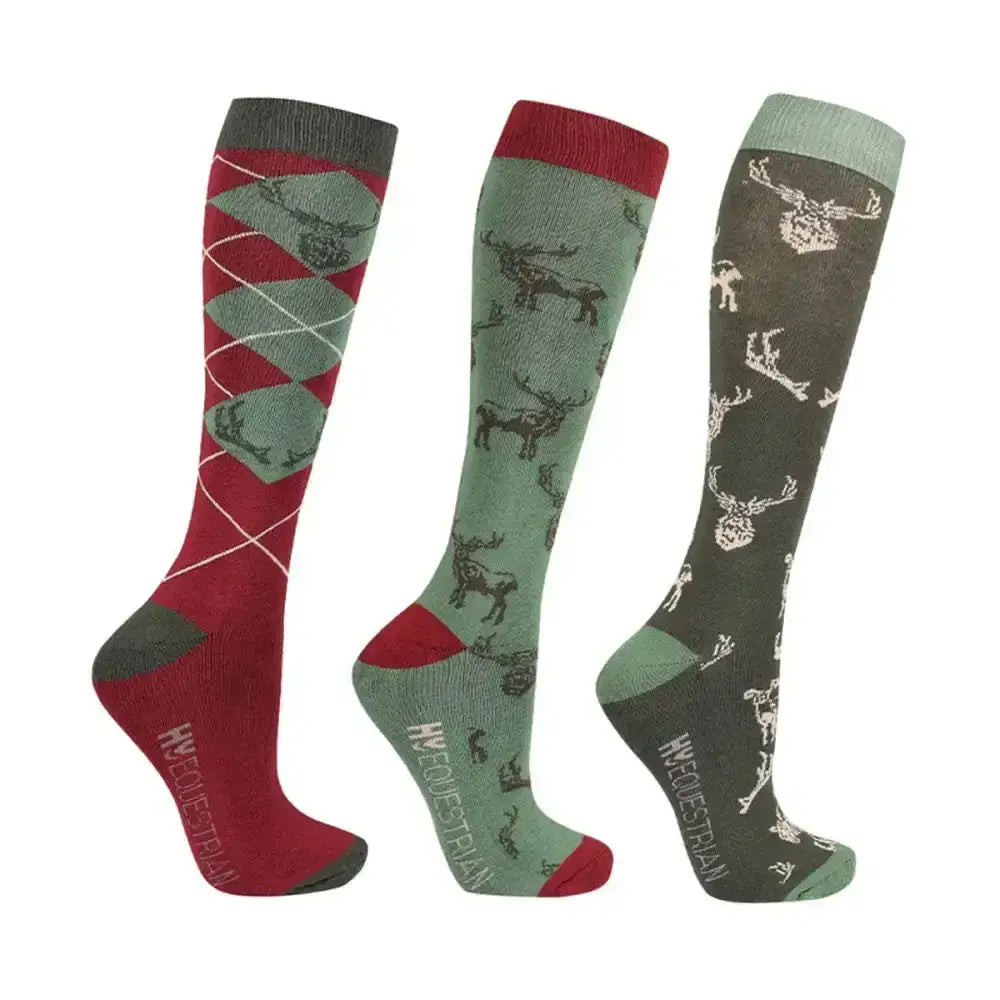 Three pairs of hy equestrian divine deer socks in red green and dark brown with stretchy material and deer motifs
